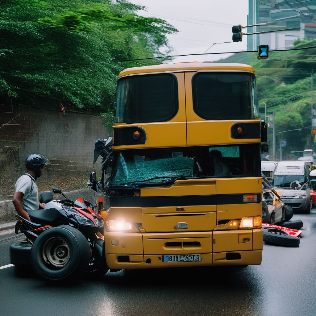 Person on outside of three-wheeled motor vehicle injured in collision with heavy transport vehicle or bus in traffic accident digital illustration