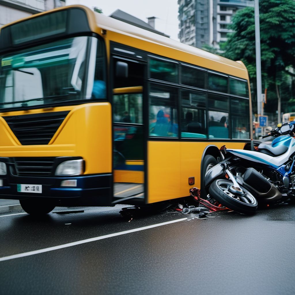 Unspecified occupant of three-wheeled motor vehicle injured in collision with heavy transport vehicle or bus in traffic accident digital illustration