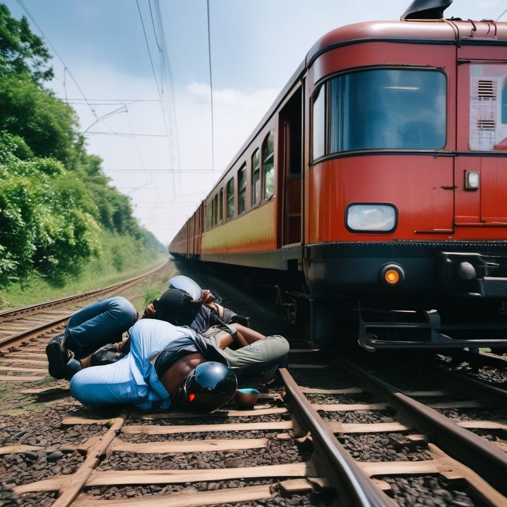 Occupant of three-wheeled motor vehicle injured in collision with railway train or railway vehicle digital illustration