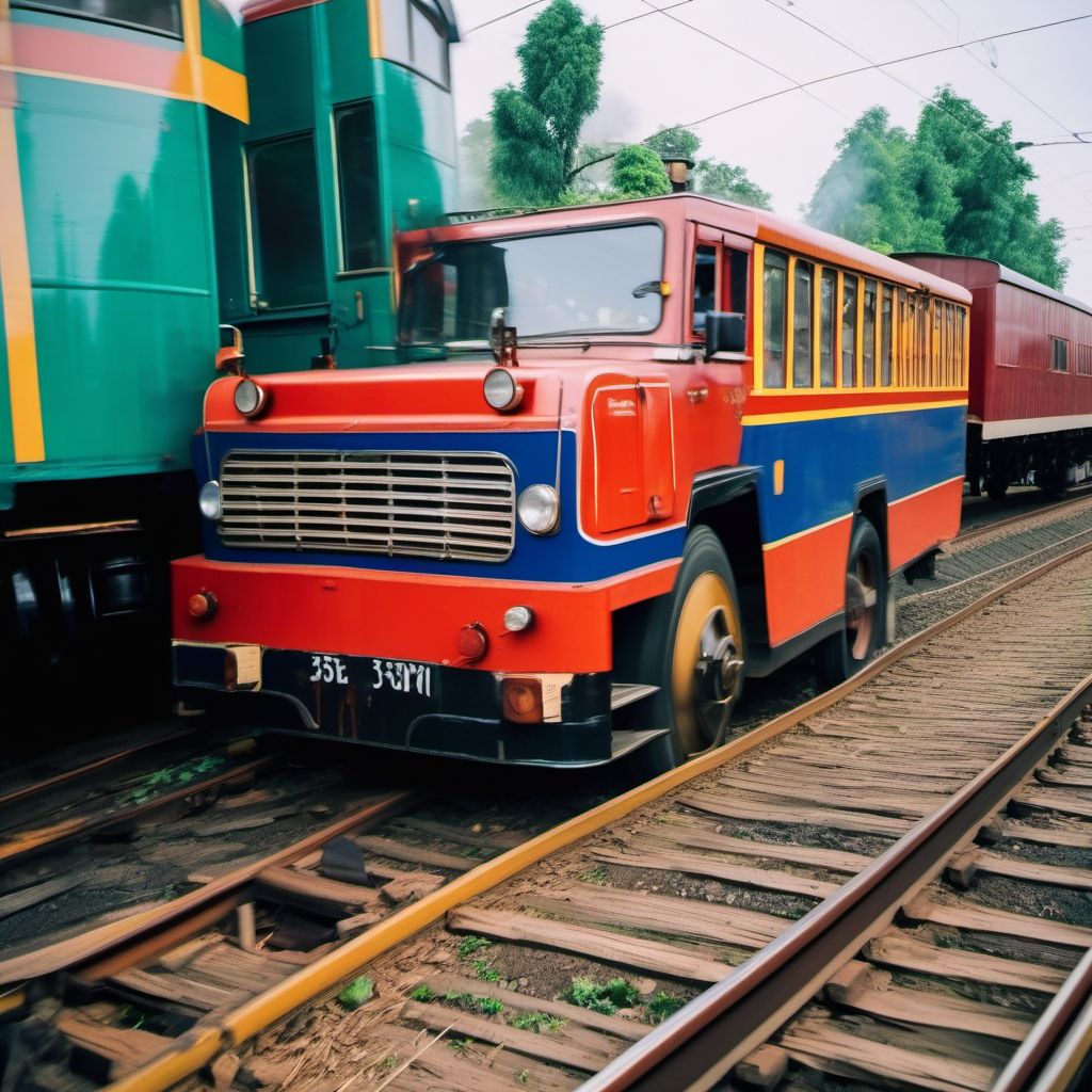 Driver of three-wheeled motor vehicle injured in collision with railway train or railway vehicle in nontraffic accident digital illustration