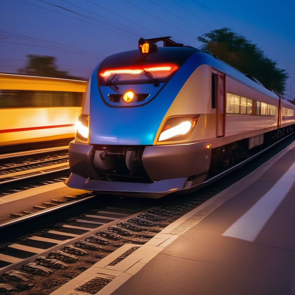 Passenger in three-wheeled motor vehicle injured in collision with railway train or railway vehicle in nontraffic accident digital illustration