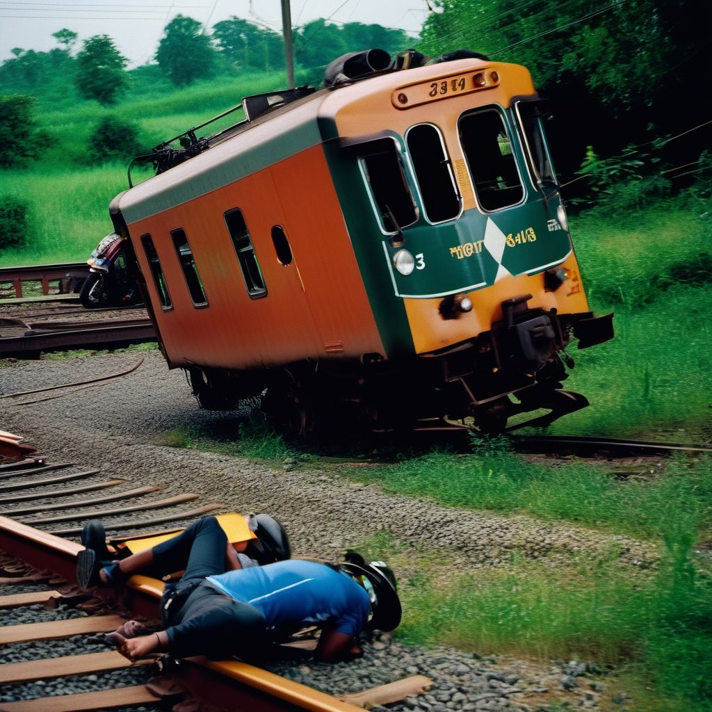 Person on outside of three-wheeled motor vehicle injured in collision with railway train or railway vehicle in nontraffic accident digital illustration