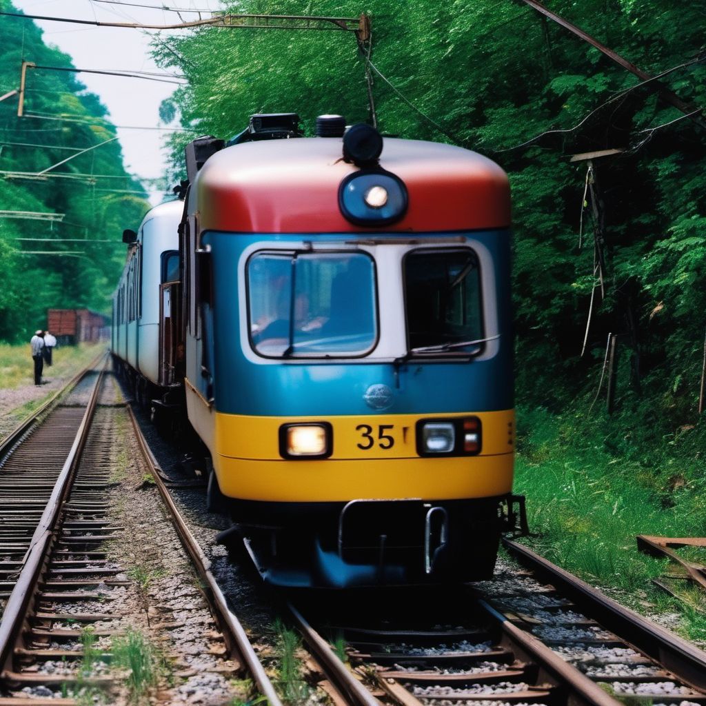 Unspecified occupant of three-wheeled motor vehicle injured in collision with railway train or railway vehicle in nontraffic accident digital illustration