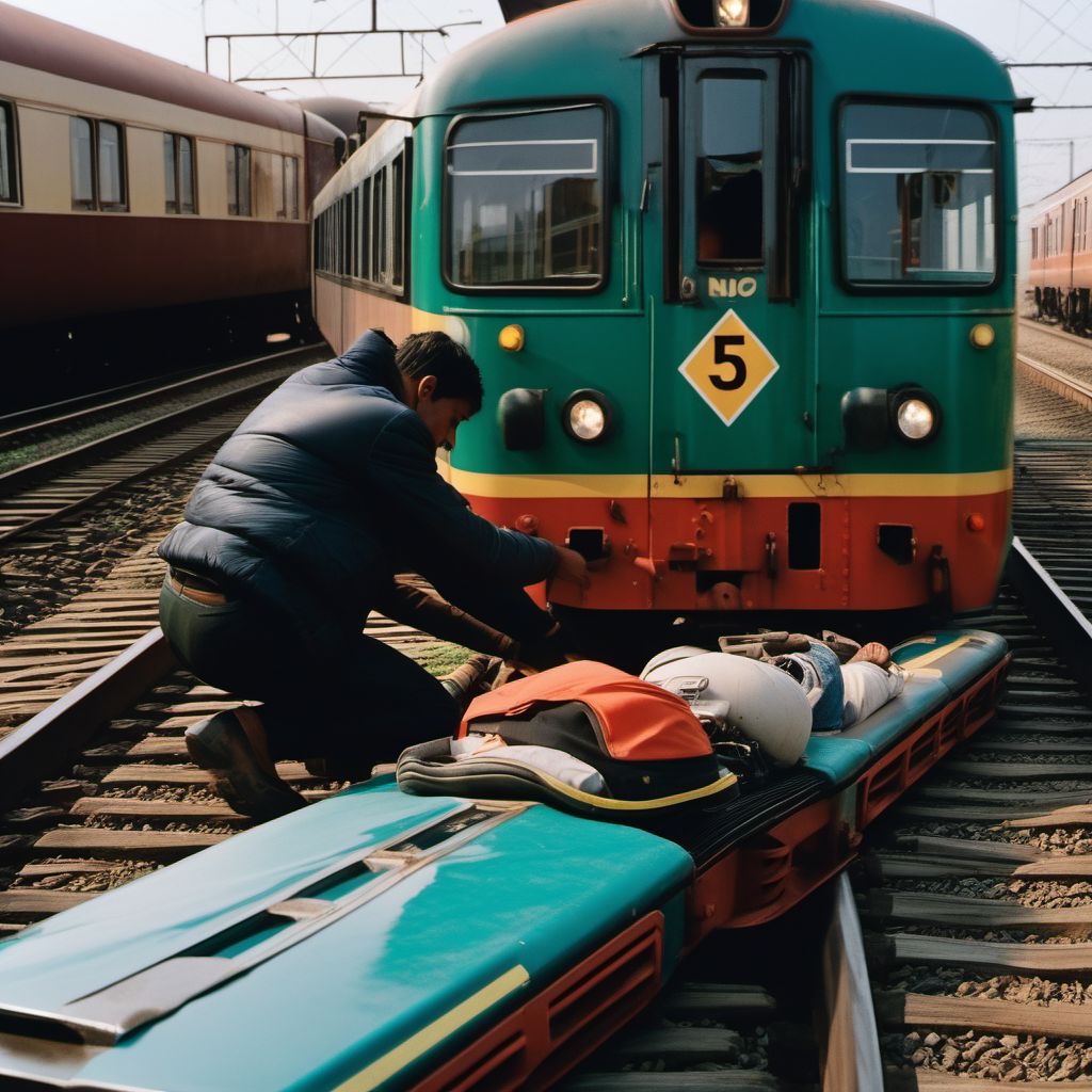 Person boarding or alighting a three-wheeled motor vehicle injured in collision with railway train or railway vehicle digital illustration