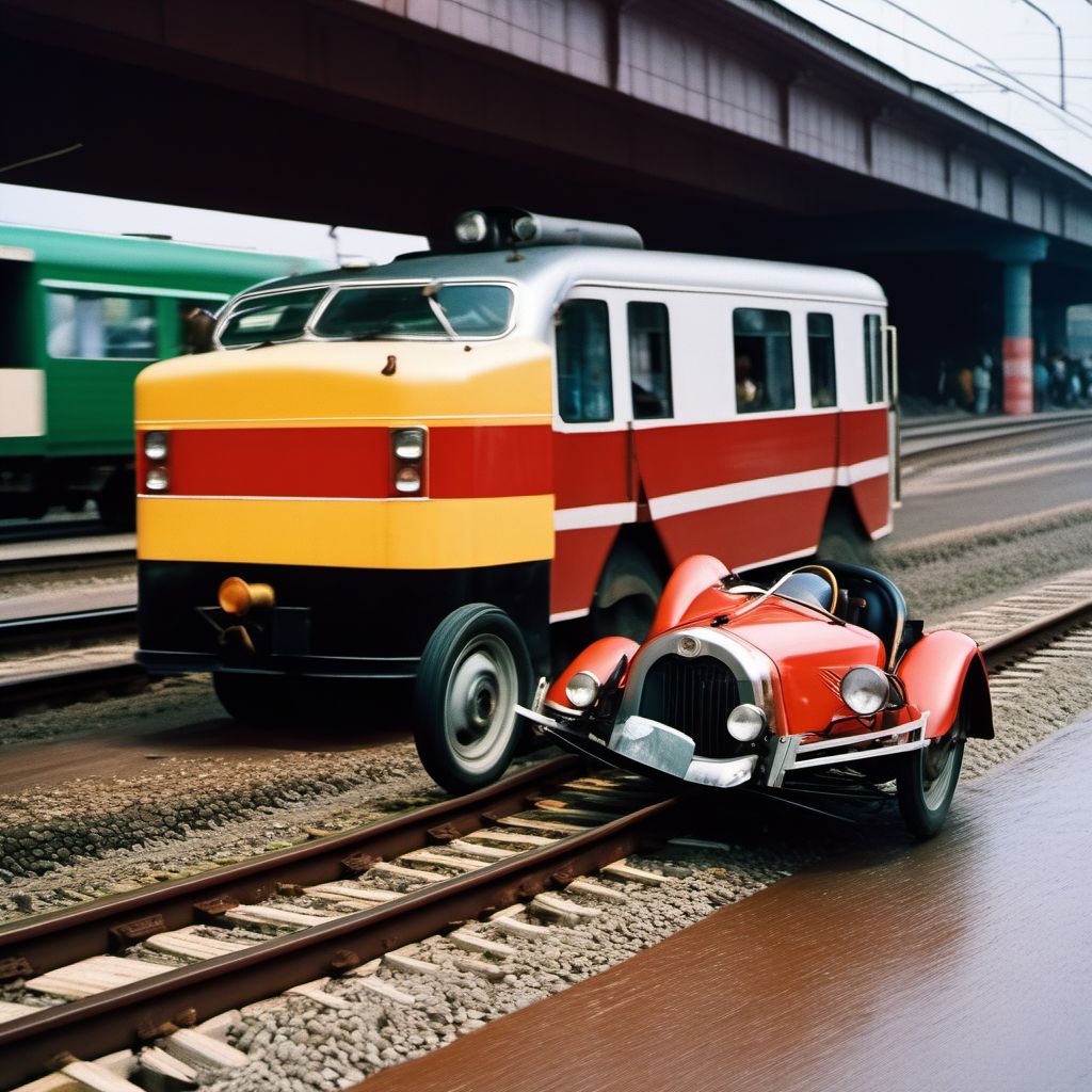 Passenger in three-wheeled motor vehicle injured in collision with railway train or railway vehicle in traffic accident digital illustration