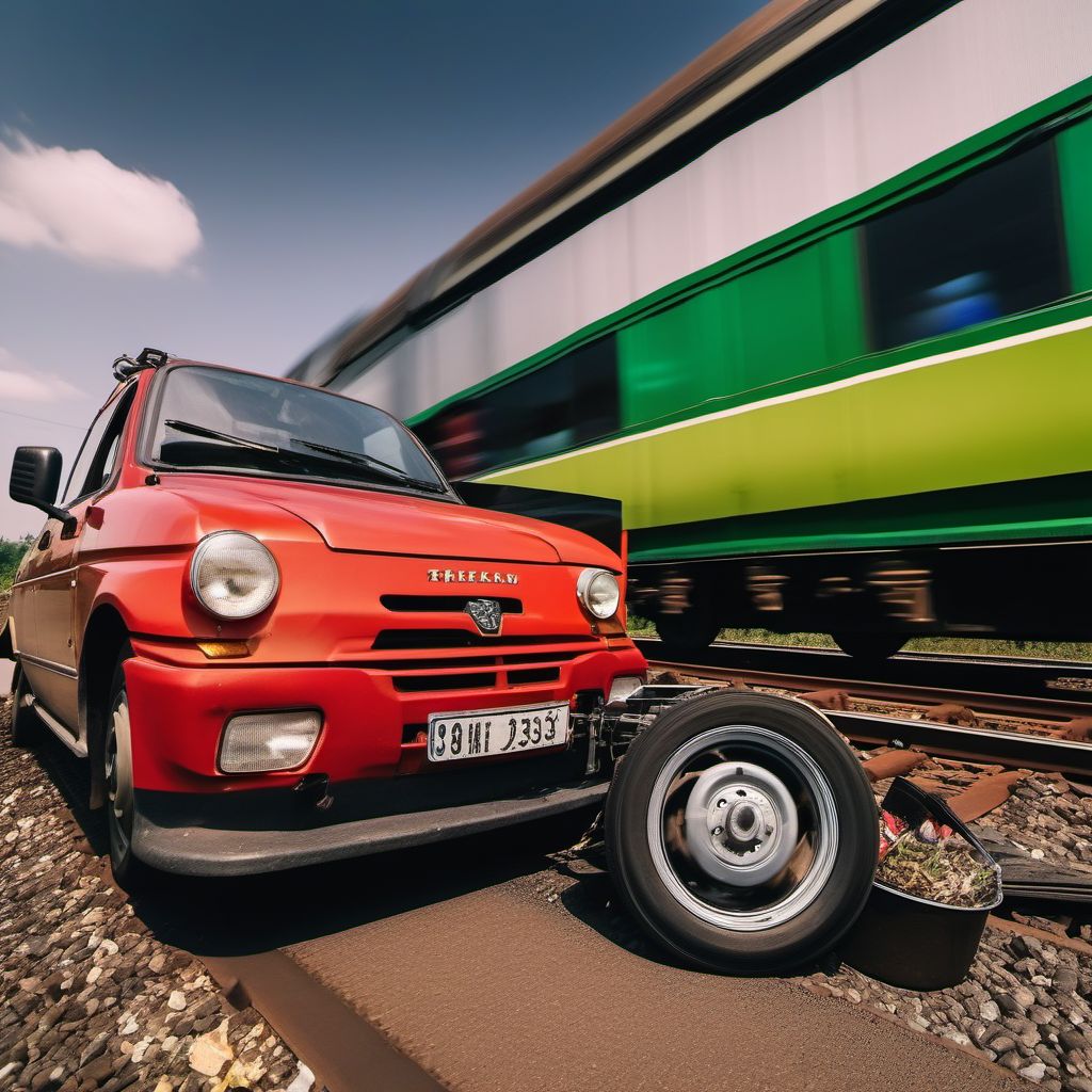 Unspecified occupant of three-wheeled motor vehicle injured in collision with railway train or railway vehicle in traffic accident digital illustration