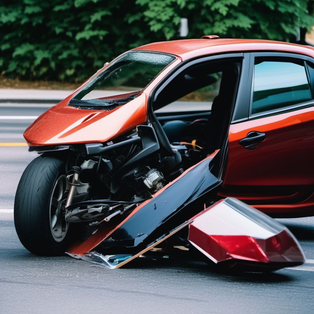 Driver of three-wheeled motor vehicle injured in collision with fixed or stationary object in nontraffic accident digital illustration