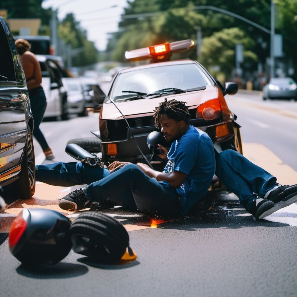 Person on outside of three-wheeled motor vehicle injured in collision with fixed or stationary object in traffic accident digital illustration