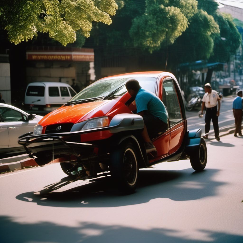 Person boarding or alighting a three-wheeled motor vehicle injured in noncollision transport accident digital illustration