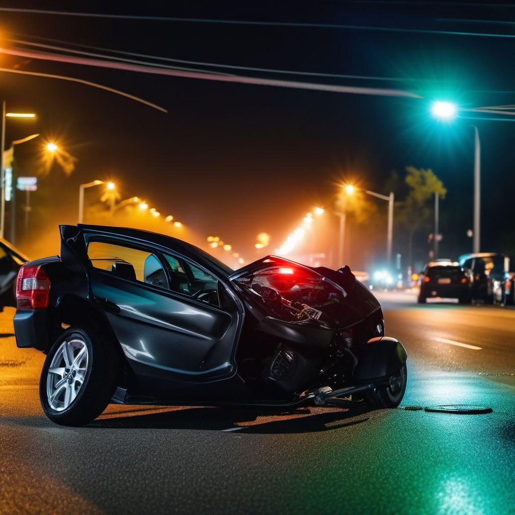 Driver of three-wheeled motor vehicle injured in collision with other and unspecified motor vehicles in nontraffic accident digital illustration