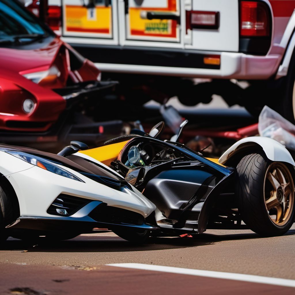 Passenger in three-wheeled motor vehicle injured in collision with other motor vehicles in nontraffic accident digital illustration