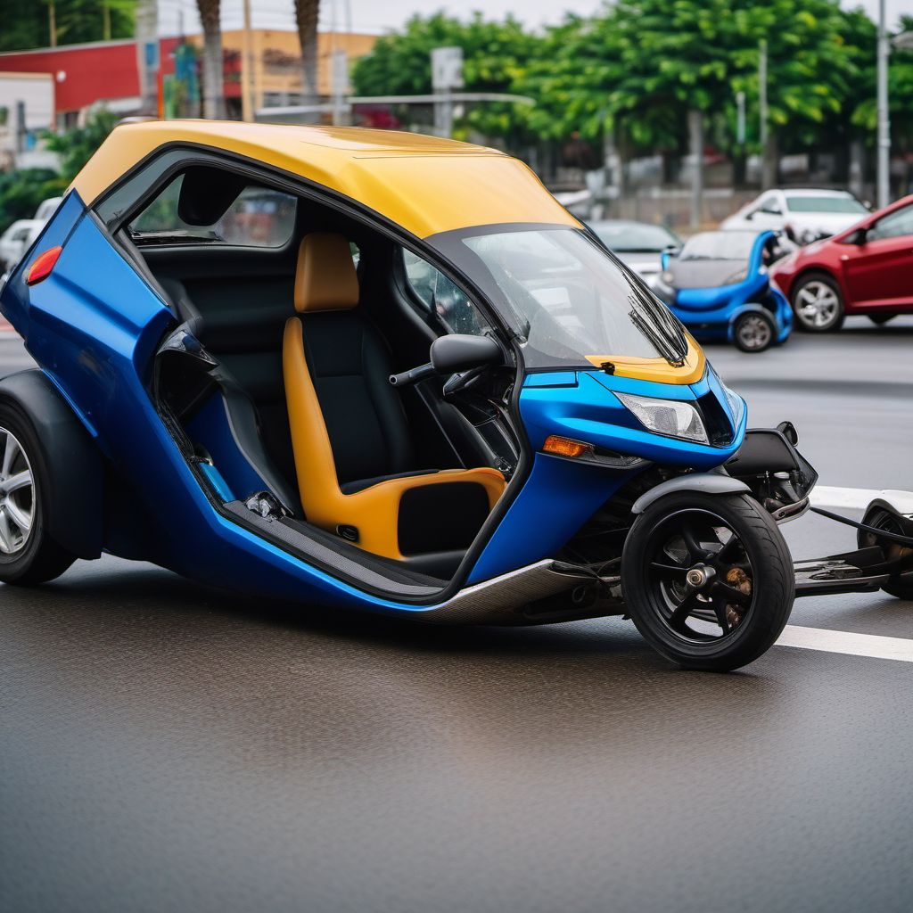 Passenger in three-wheeled motor vehicle injured in collision with unspecified motor vehicles in traffic accident digital illustration