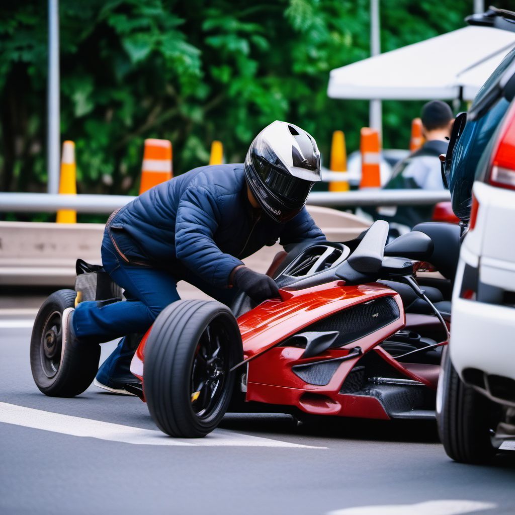 Passenger in three-wheeled motor vehicle injured in collision with other motor vehicles in traffic accident digital illustration