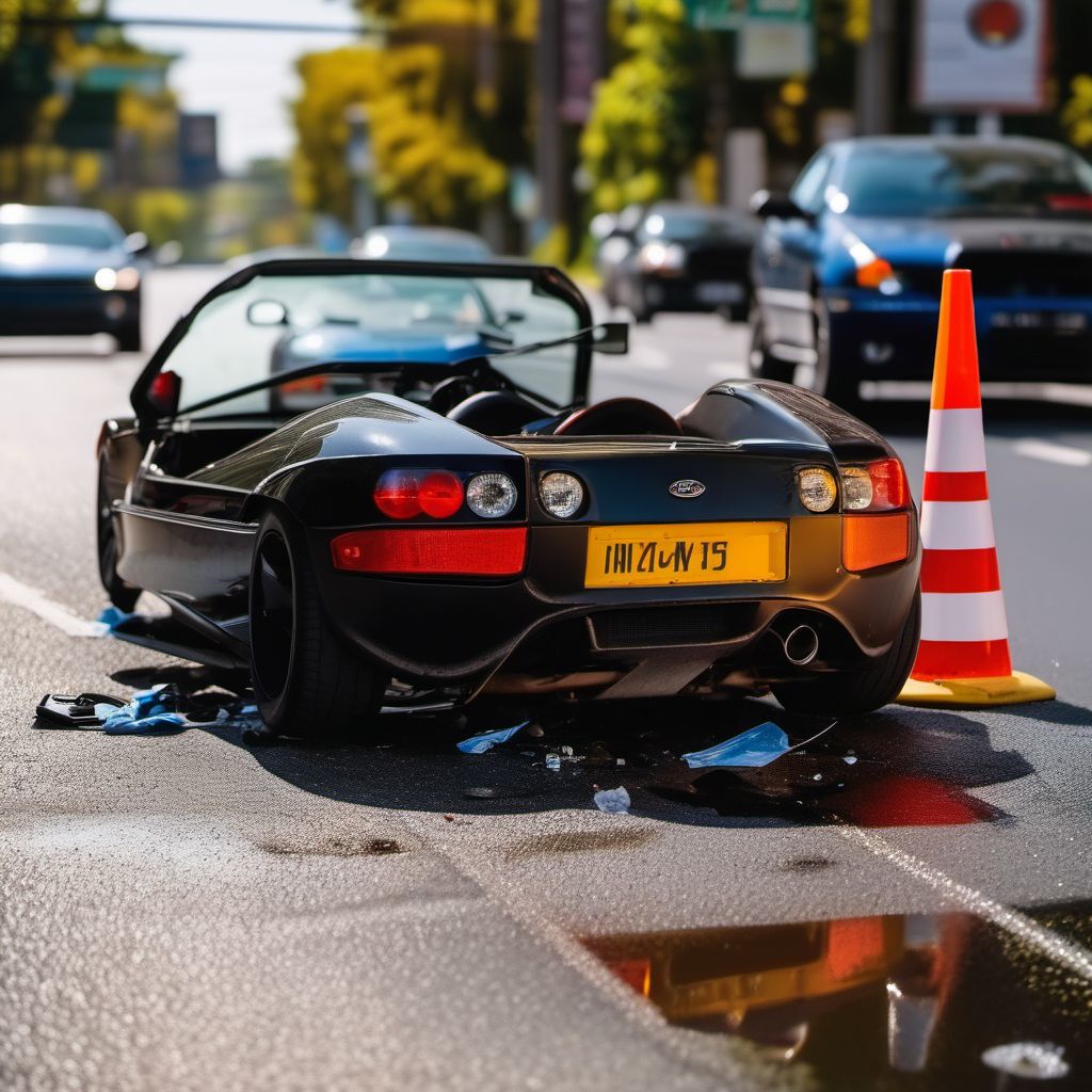 Unspecified occupant of three-wheeled motor vehicle injured in collision with unspecified motor vehicles in traffic accident digital illustration