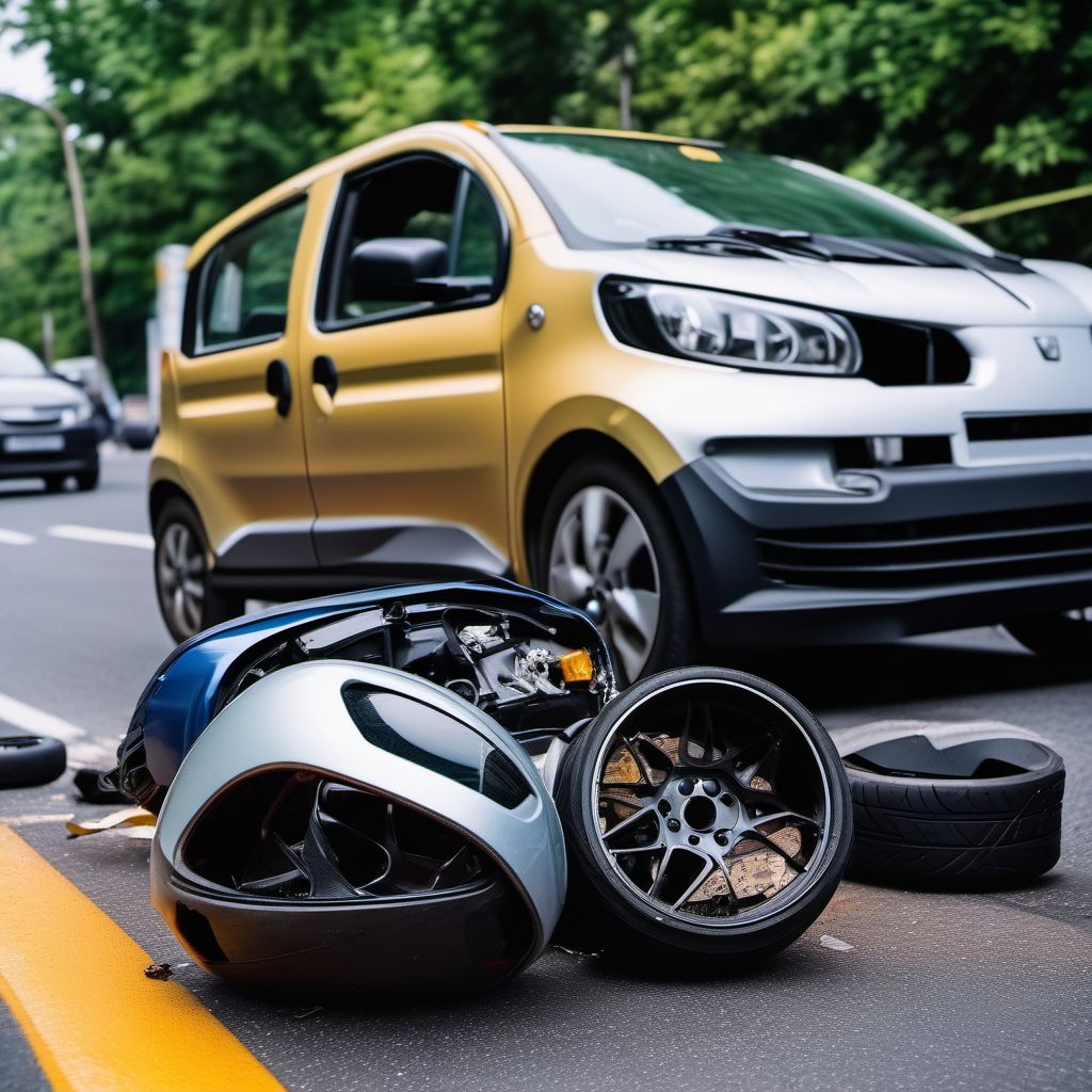 Unspecified occupant of three-wheeled motor vehicle injured in collision with other motor vehicles in traffic accident digital illustration