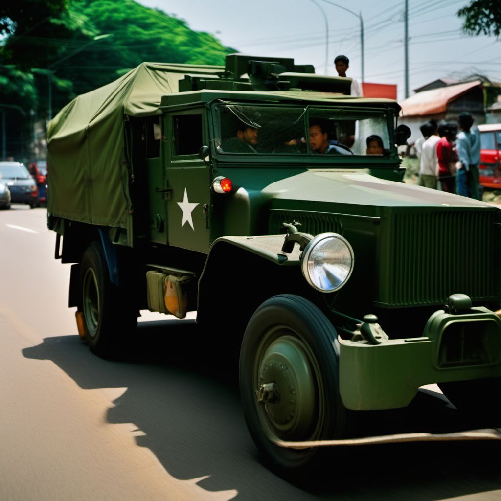 Occupant (driver) (passenger) of three-wheeled motor vehicle injured in transport accident with military vehicle digital illustration