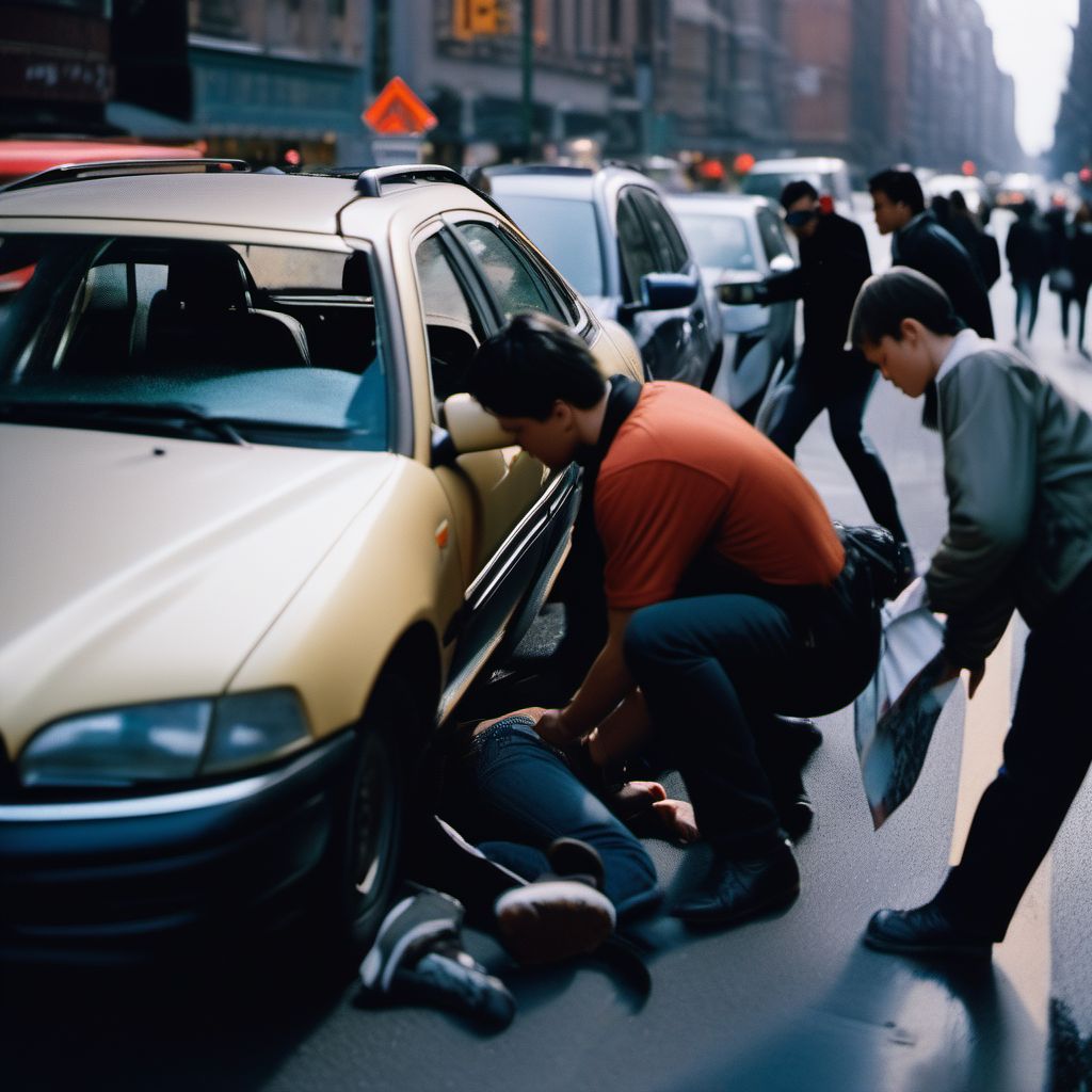 Person boarding or alighting a car injured in collision with pedestrian or animal digital illustration