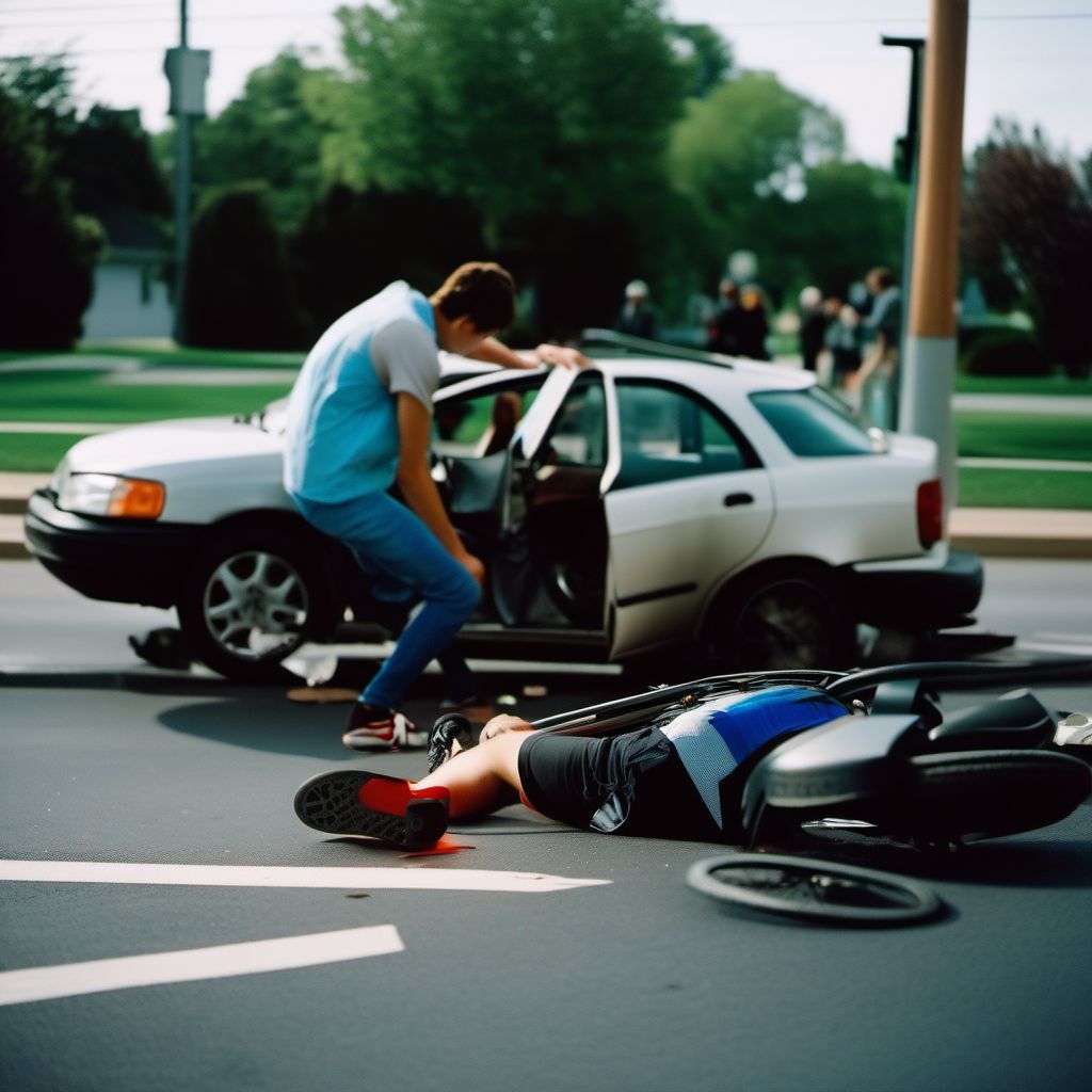 Person on outside of car injured in collision with pedal cycle in nontraffic accident digital illustration