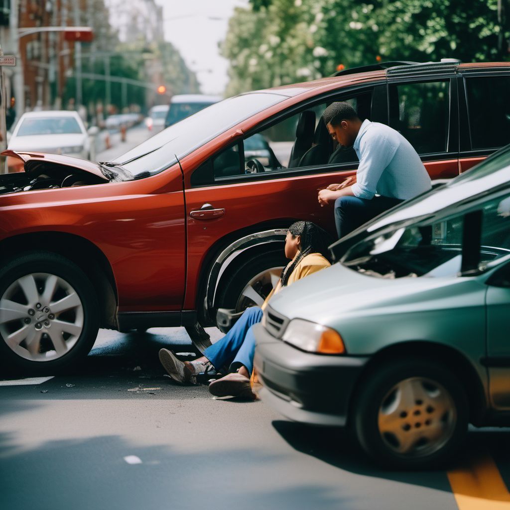 Person on outside of car injured in collision with pedal cycle in traffic accident digital illustration