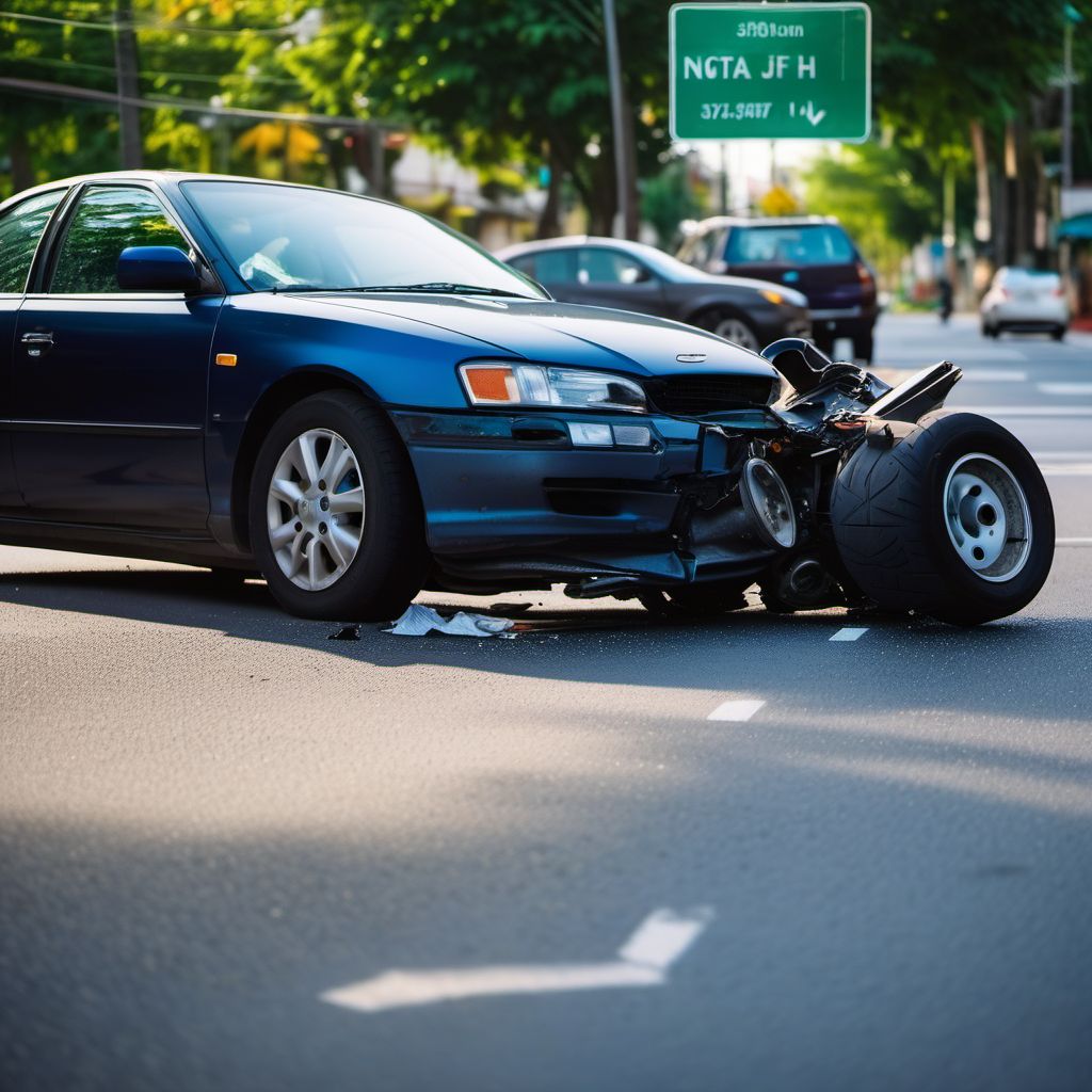 Car driver injured in collision with two- or three-wheeled motor vehicle in nontraffic accident digital illustration