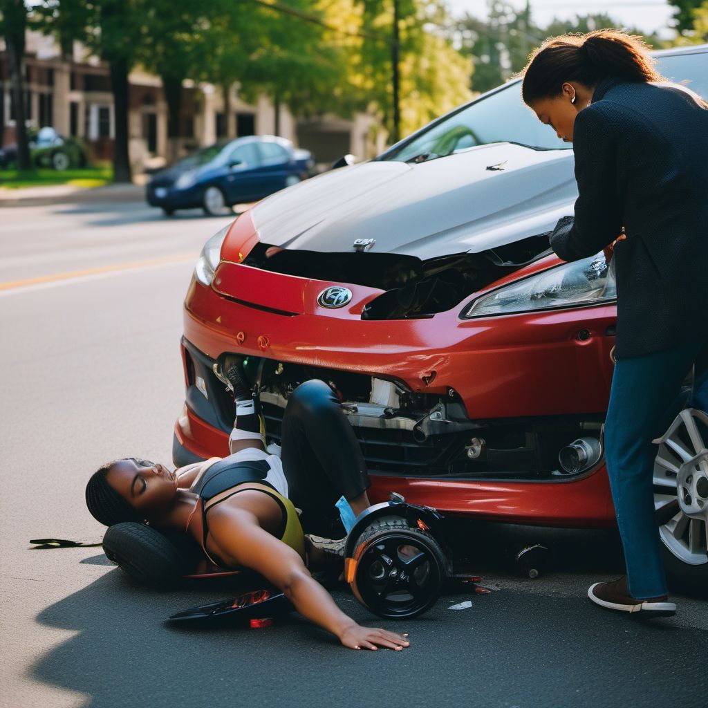 Person on outside of car injured in collision with two- or three-wheeled motor vehicle in nontraffic accident digital illustration