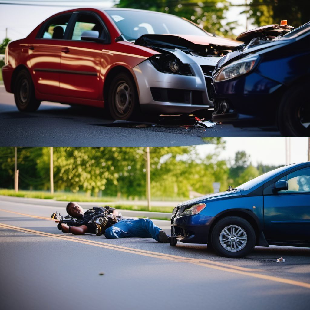 Unspecified car occupant injured in collision with two- or three-wheeled motor vehicle in nontraffic accident digital illustration