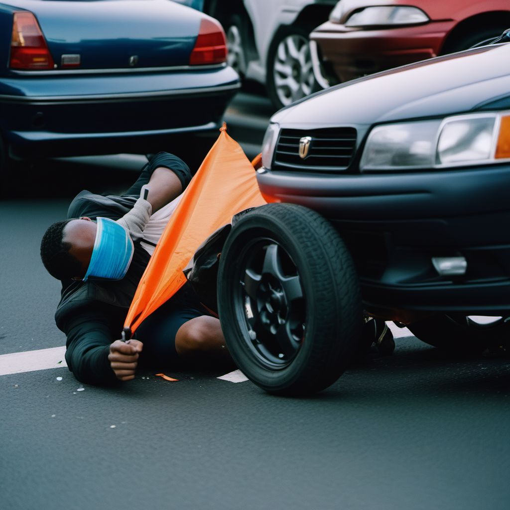 Person on outside of car injured in collision with two- or three-wheeled motor vehicle in traffic accident digital illustration