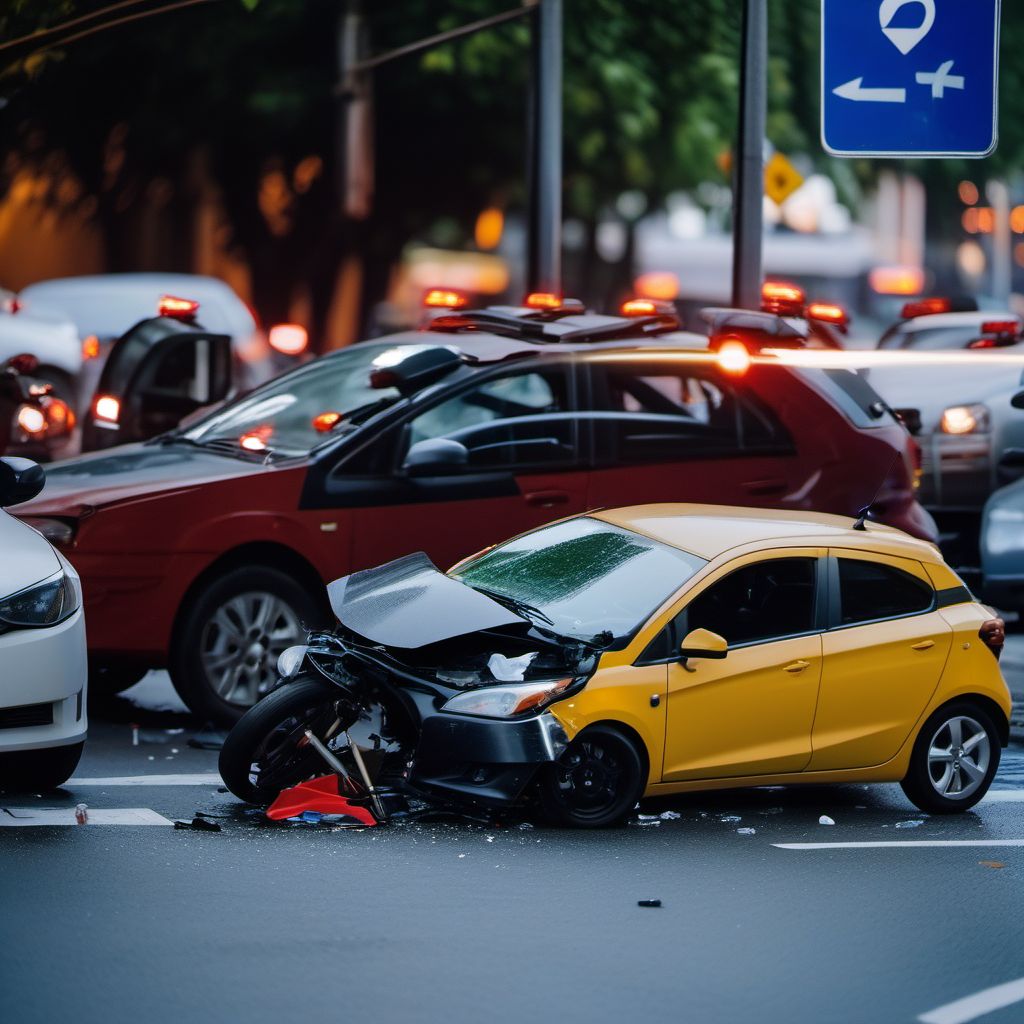 Unspecified car occupant injured in collision with two- or three-wheeled motor vehicle in traffic accident digital illustration