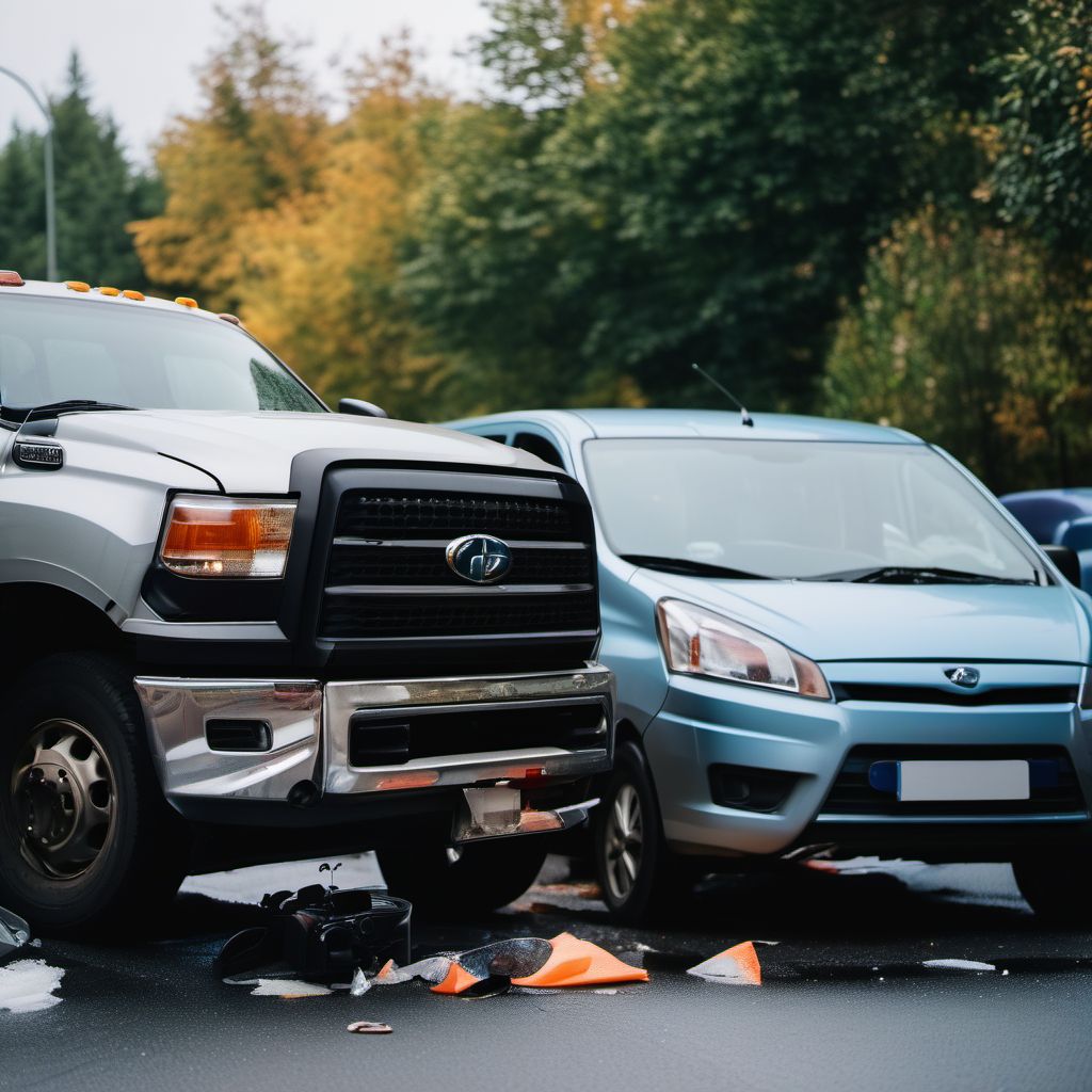 Car driver injured in collision with car, pick-up truck or van in nontraffic accident digital illustration