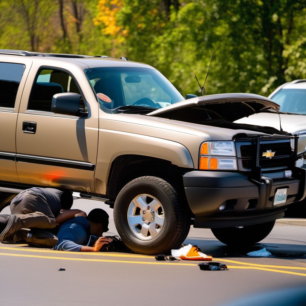 Car passenger injured in collision with sport utility vehicle in nontraffic accident digital illustration