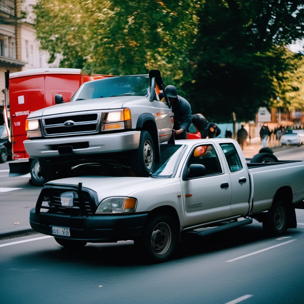 Person on outside of car injured in collision with car, pick-up truck or van in nontraffic accident digital illustration