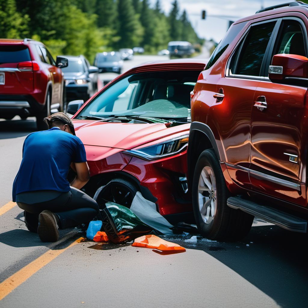 Person on outside of car injured in collision with sport utility vehicle in nontraffic accident digital illustration