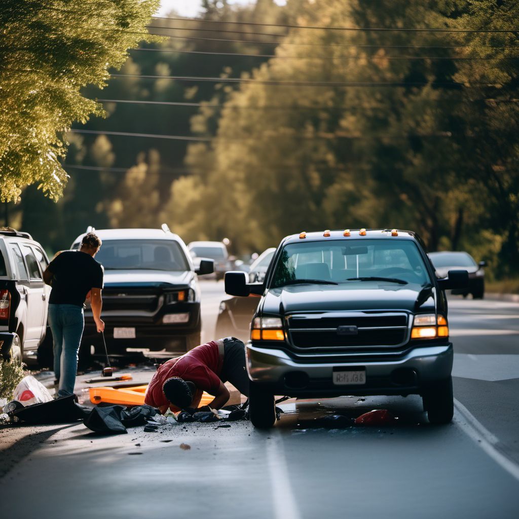 Person on outside of car injured in collision with pick-up truck in nontraffic accident digital illustration