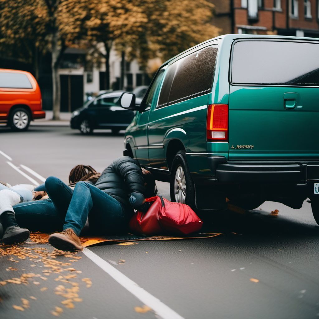 Person boarding or alighting a car injured in collision with car, pick-up truck or van digital illustration