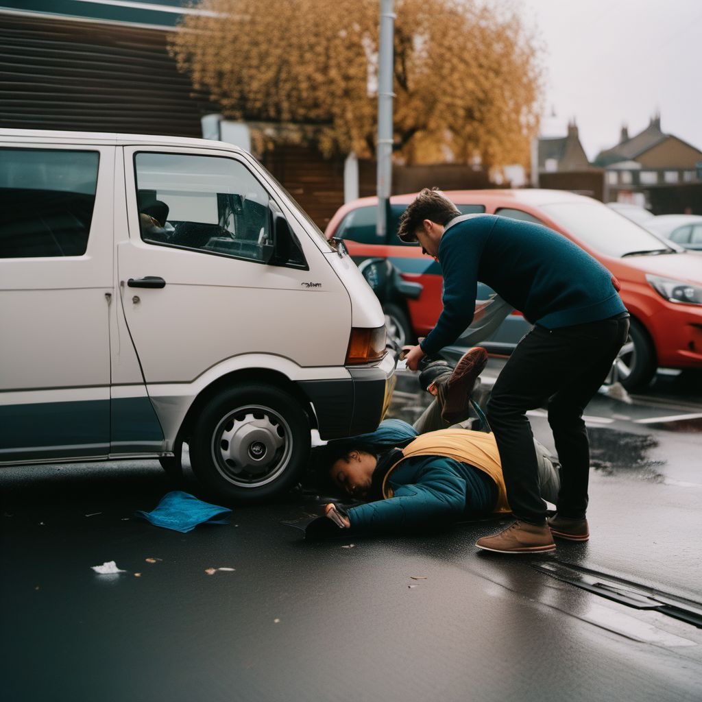 Person boarding or alighting a car injured in collision with van digital illustration