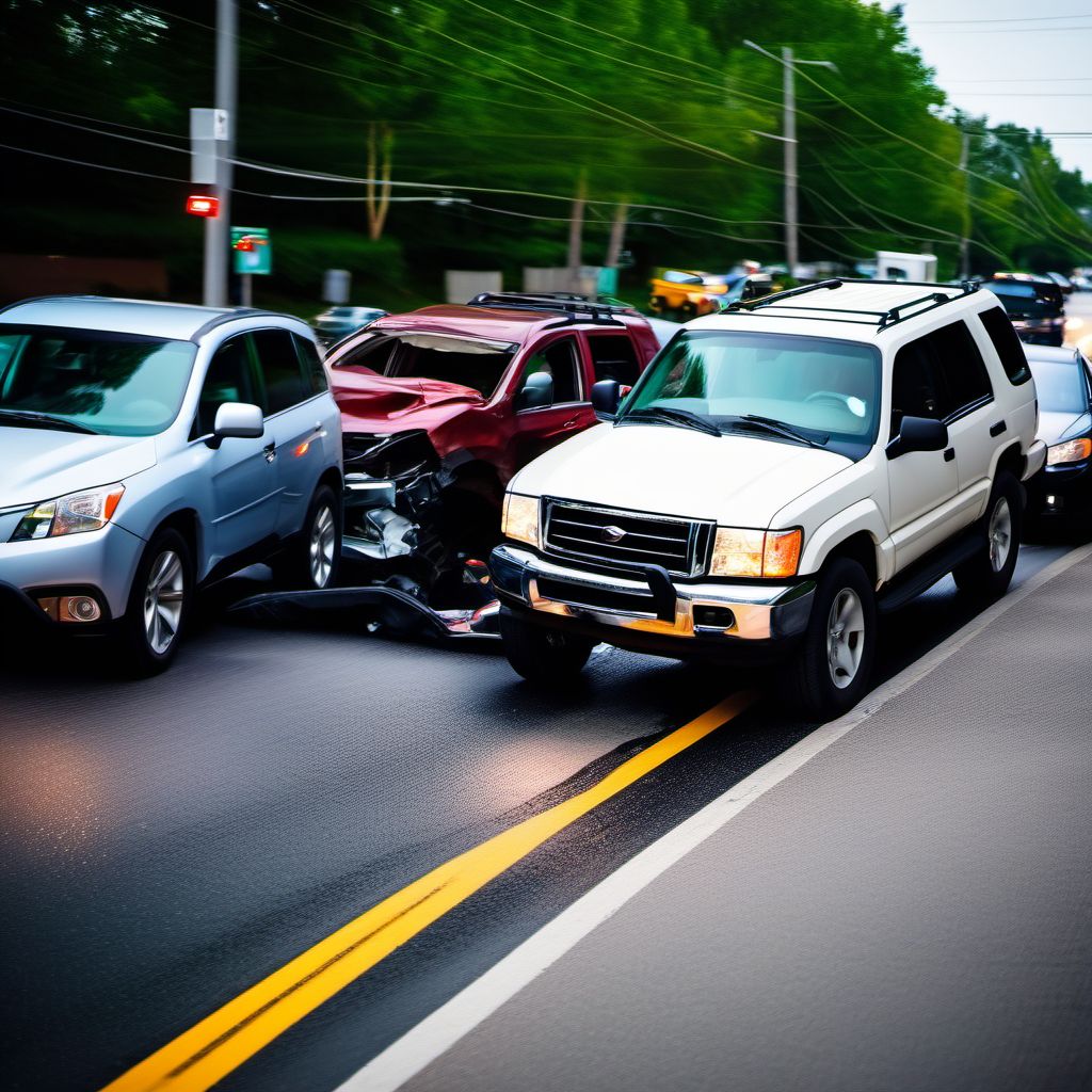 Car driver injured in collision with sport utility vehicle in traffic accident digital illustration