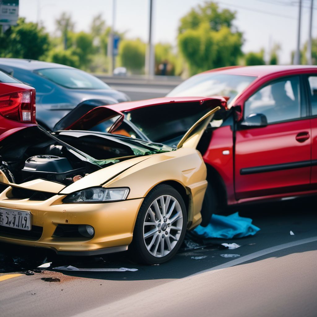 Car passenger injured in collision with other type car in traffic accident digital illustration