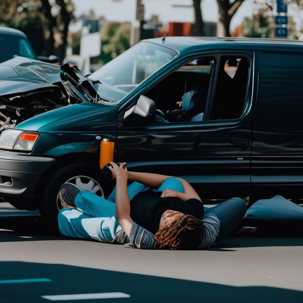 Person on outside of car injured in collision with car, pick-up truck or van in traffic accident digital illustration