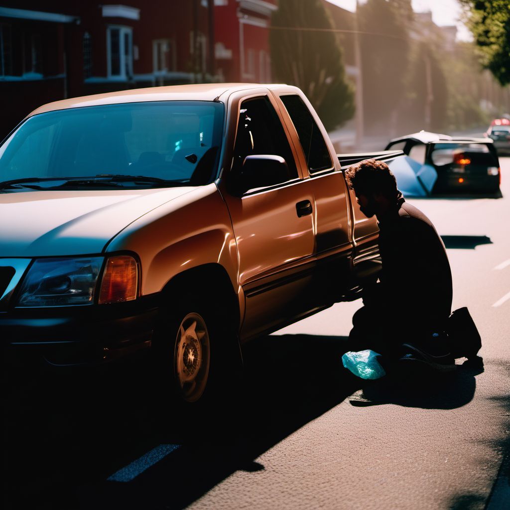 Person on outside of car injured in collision with pick-up truck in traffic accident digital illustration