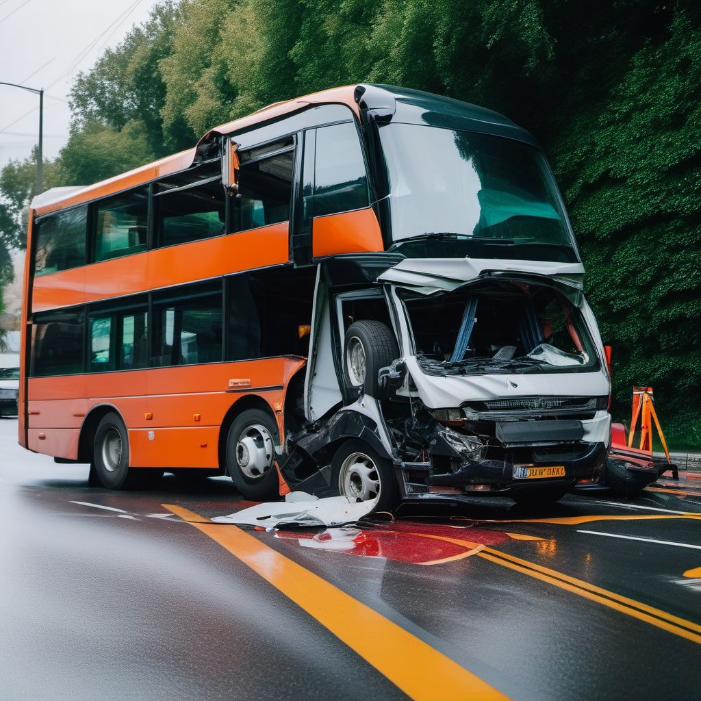 Car driver injured in collision with heavy transport vehicle or bus in nontraffic accident digital illustration