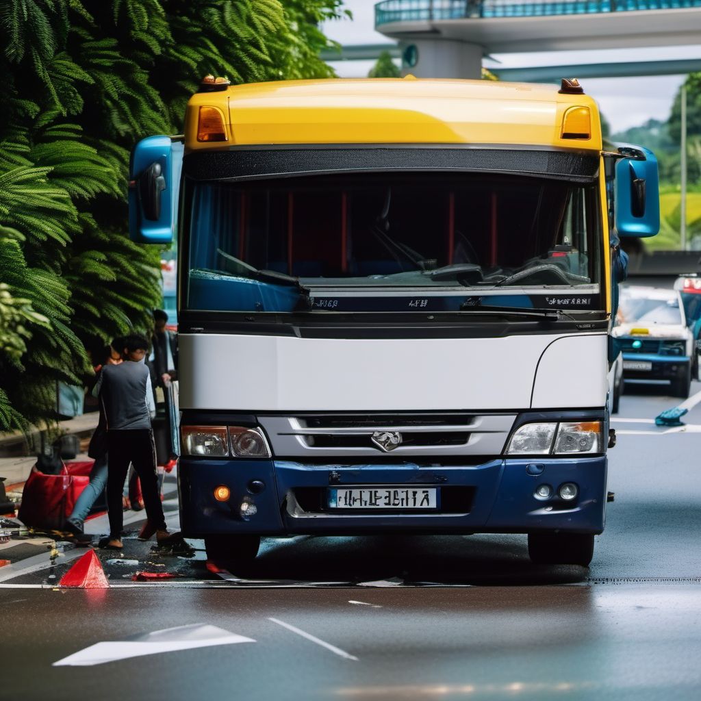 Car passenger injured in collision with heavy transport vehicle or bus in nontraffic accident digital illustration