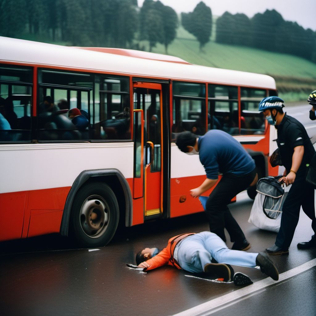 Person boarding or alighting a car injured in collision with heavy transport vehicle or bus digital illustration