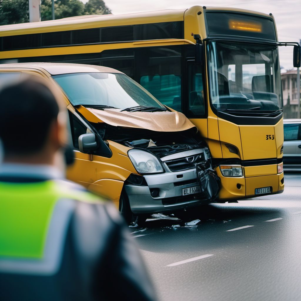 Car driver injured in collision with heavy transport vehicle or bus in traffic accident digital illustration