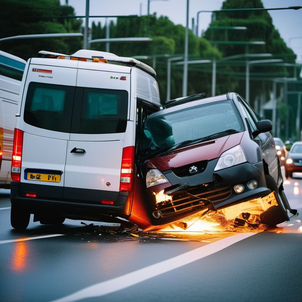 Car passenger injured in collision with heavy transport vehicle or bus in traffic accident digital illustration