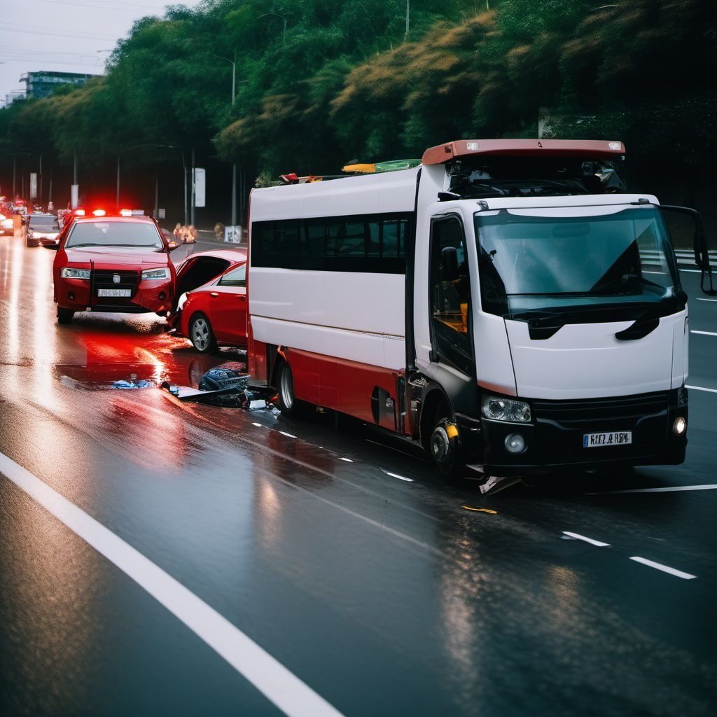 Unspecified car occupant injured in collision with heavy transport vehicle or bus in traffic accident digital illustration