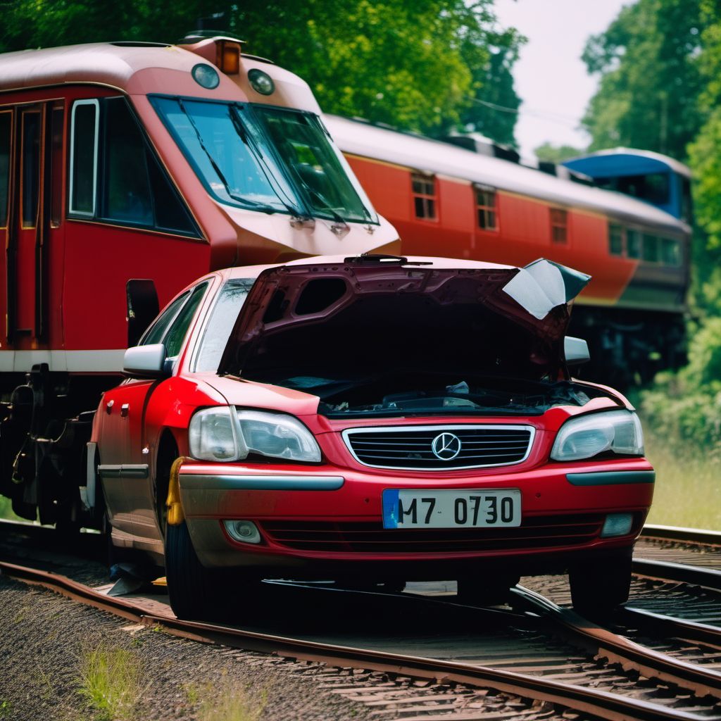 Car occupant injured in collision with railway train or railway vehicle digital illustration