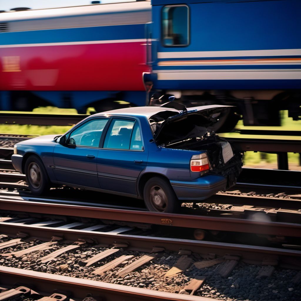 Car driver injured in collision with railway train or railway vehicle in nontraffic accident digital illustration