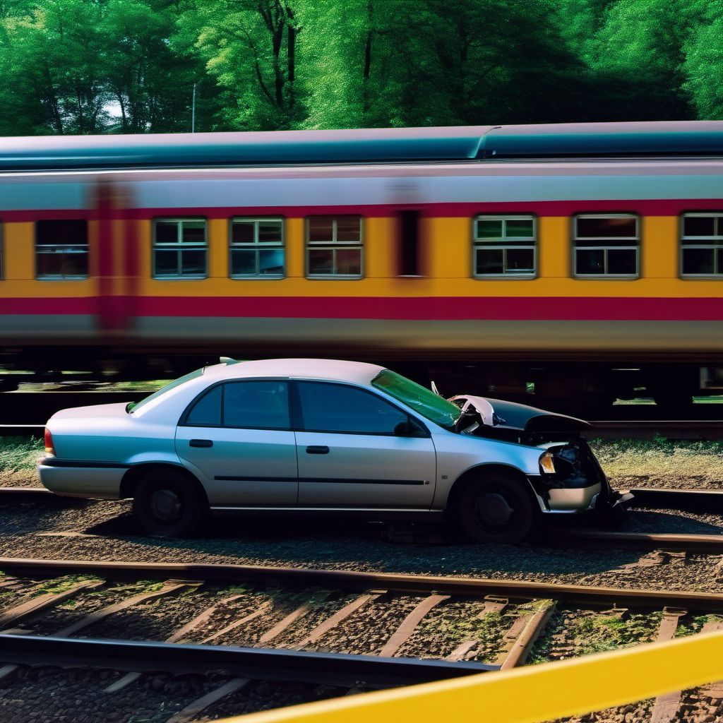 Unspecified car occupant injured in collision with railway train or railway vehicle in nontraffic accident digital illustration