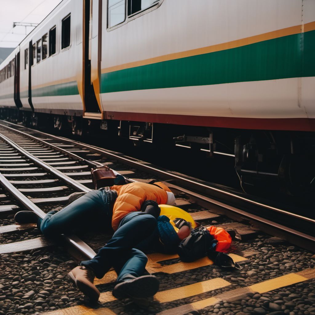 Person boarding or alighting a car injured in collision with railway train or railway vehicle digital illustration