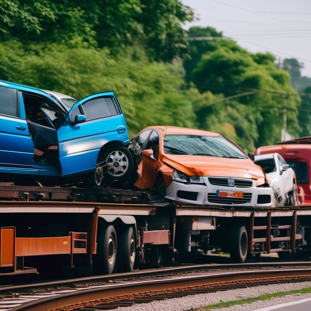 Car driver injured in collision with railway train or railway vehicle in traffic accident digital illustration